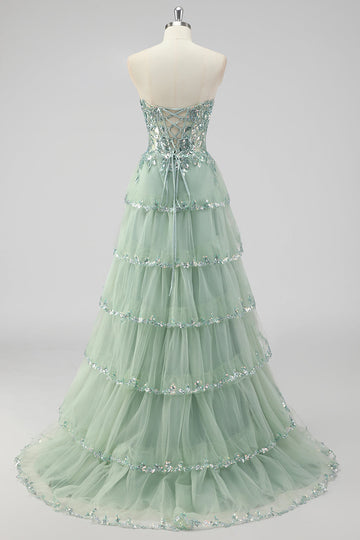 Sparkly Sage Green A Line Strapless Tiered Sequins Corset Prom Dress
